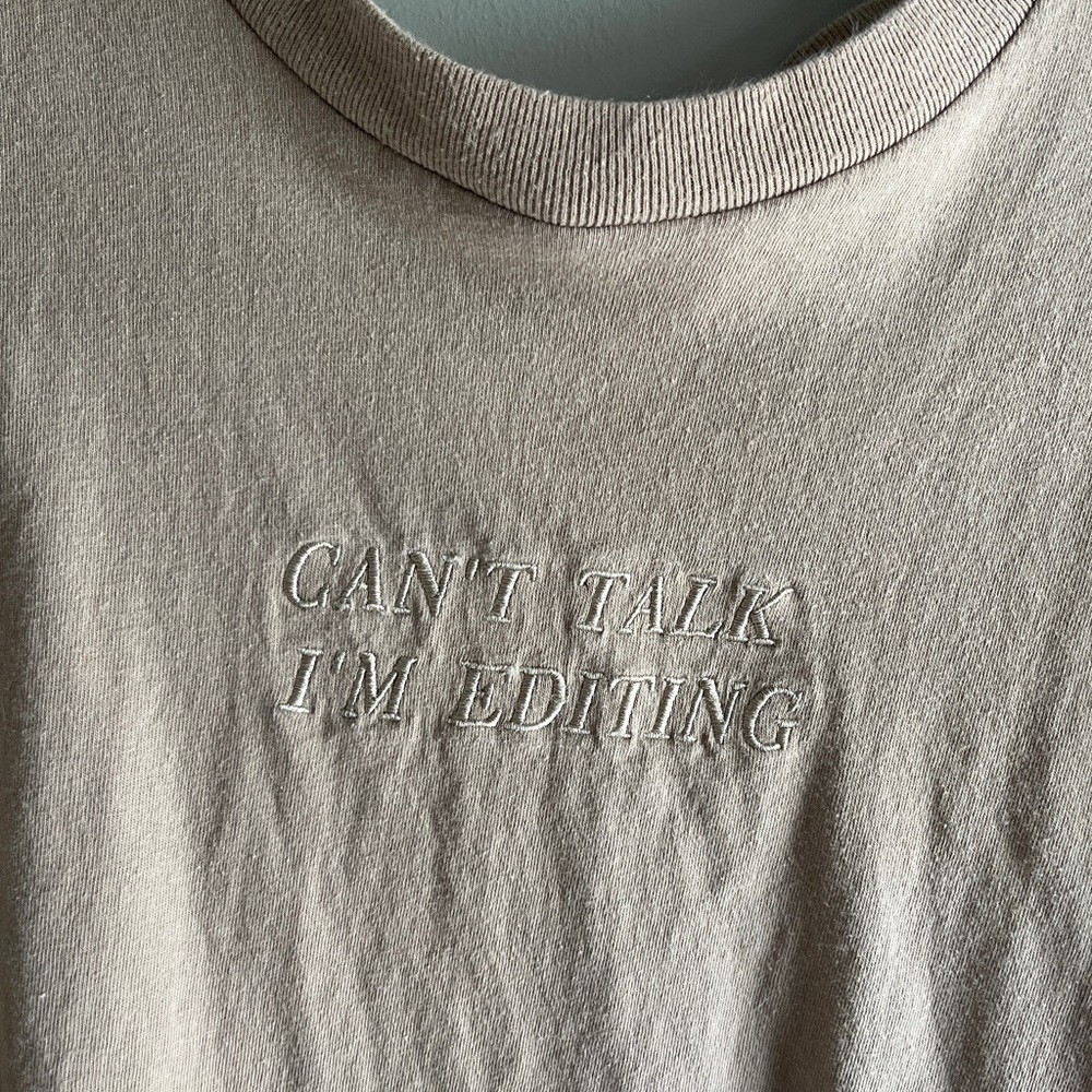 Tan “Can’t Talk I’m Editing” embroidered long sleeve t-shirt